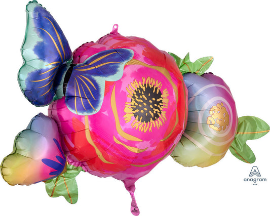 Globo Flores y Mariposa Supershape Helio Iridiscente